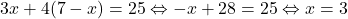 \[3x+4(7-x) = 25 \Leftrightarrow -x+28=25\Leftrightarrow x=3\]